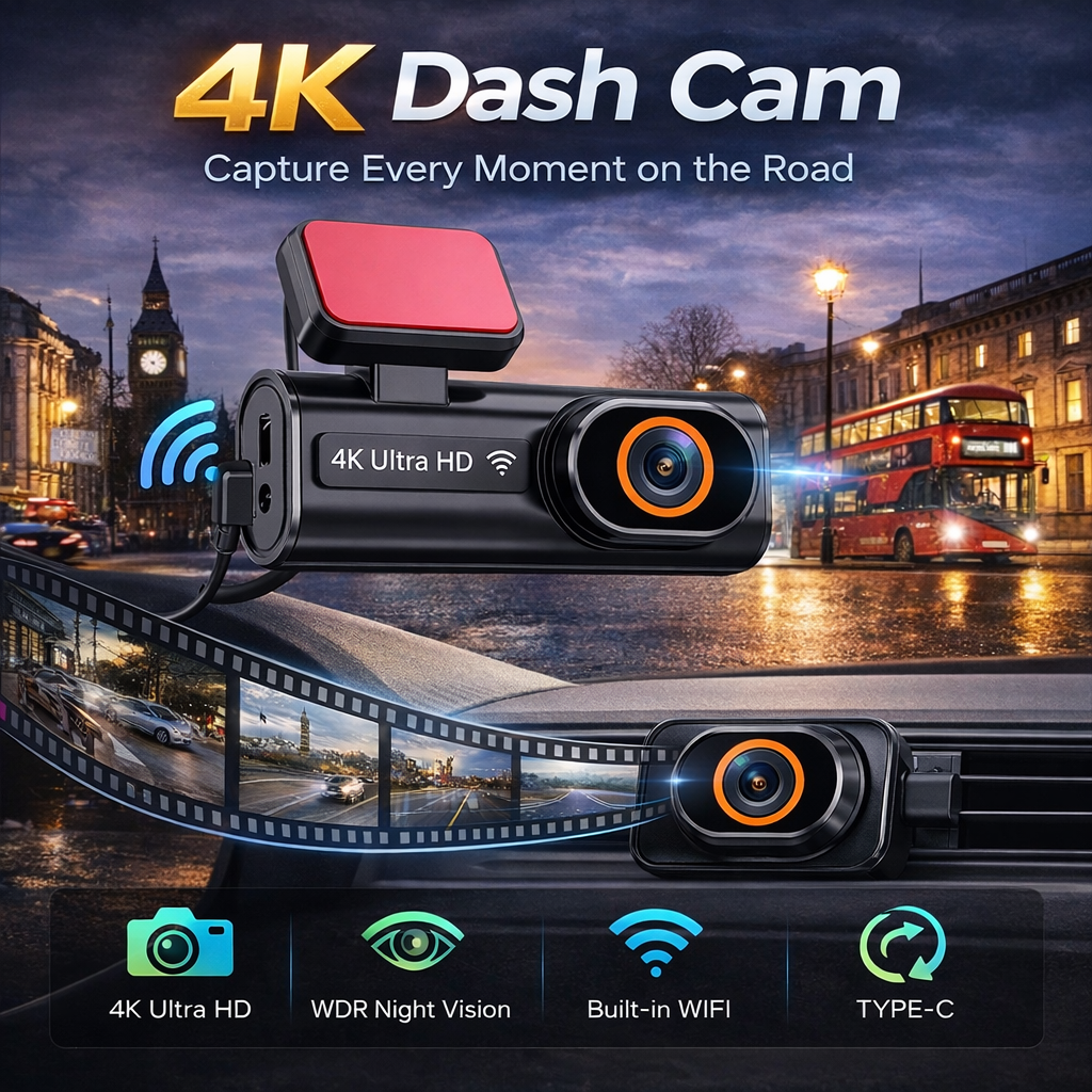 Mini 4K Dash Cam with Night Vision, Rear Camera, and GPS